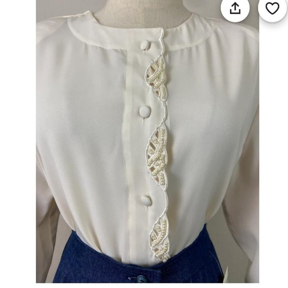 Vintage Claudia Richard Cream Faux Pearl Cutout Blouse Size 10 - Picture 1 of 7
